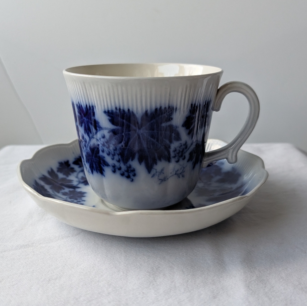 Vintage Gelfe Vinranka Sweden Flow Blue Floral Grapevine Coffee Cup and Saucer